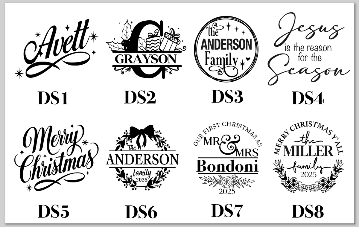Collection of personalized Christmas-themed design stamps with various family names and phrases.