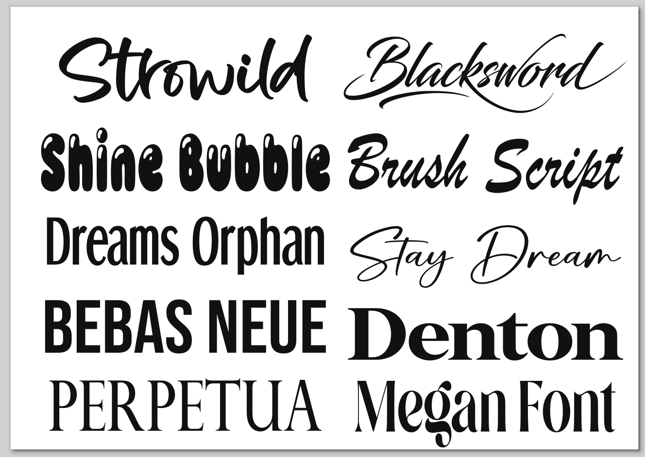 Display of various font styles in black and white.