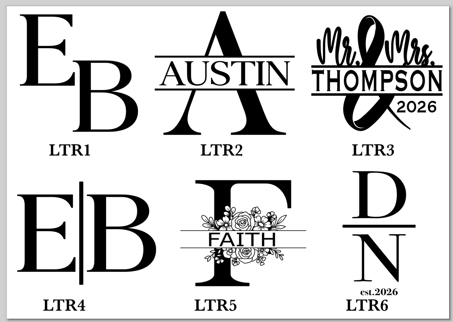 Set of customizable monogram and name designs on a white background