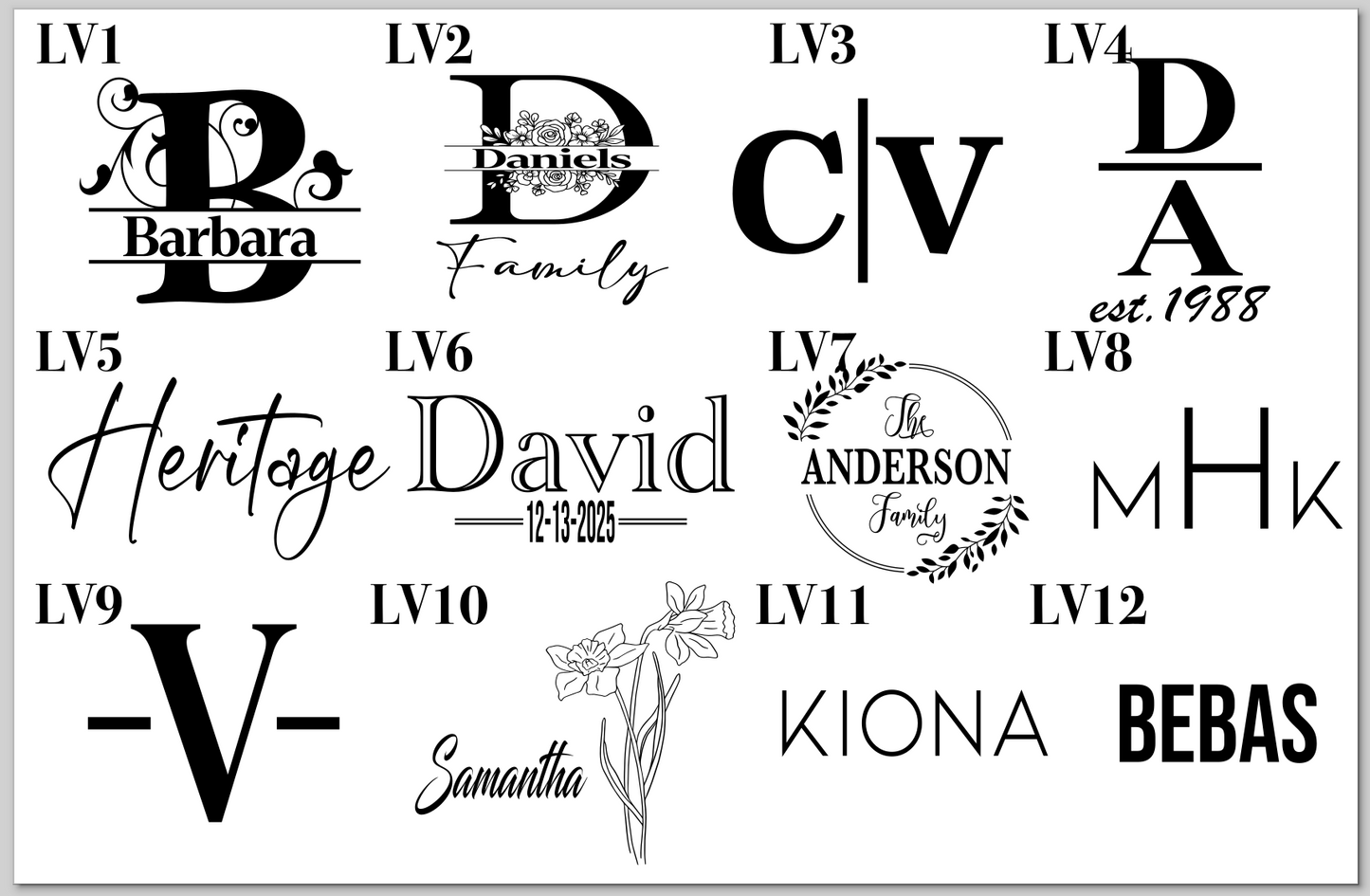 Collection of various monogram and family name stamps on a white background