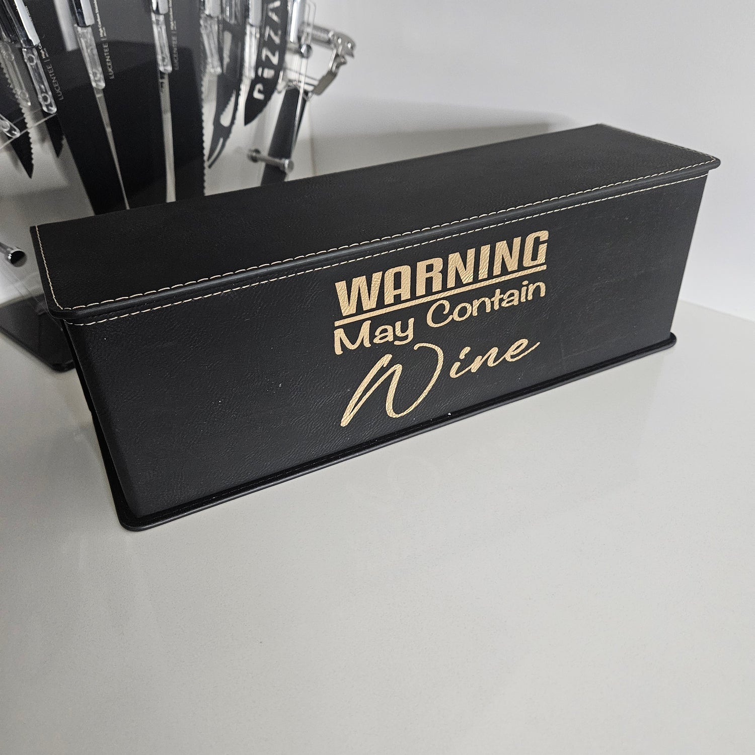 Leatherette wine bottle gift box with wine tools, personalized engraved gift set
