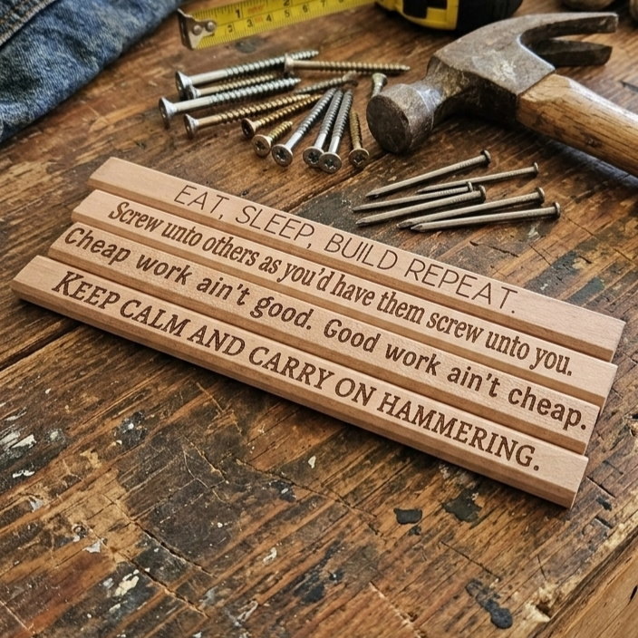 Wooden sign with motivational phrases on a wooden surface with tools