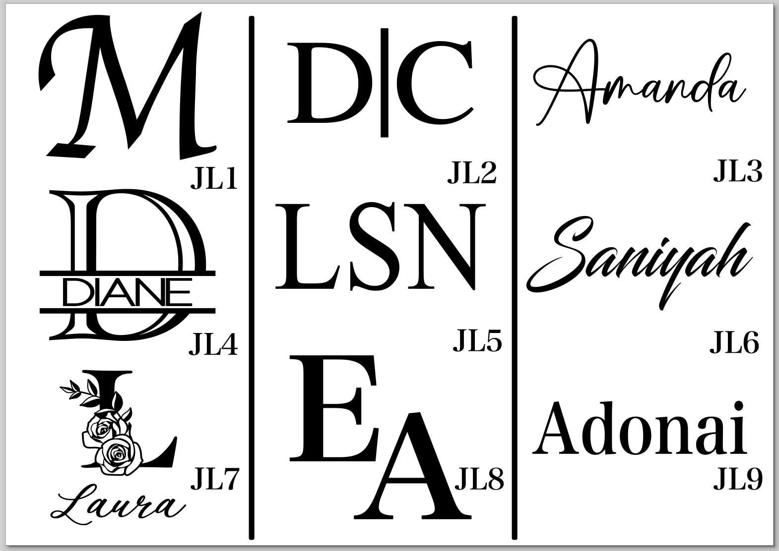 Collection of personalized name stamps with various designs and names.