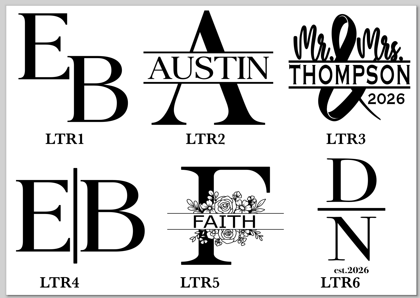 Set of customizable monogram and name designs on a white background