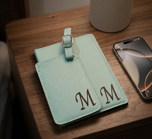 ​Noir Designed custom engraved mint green vegan leather passport cover and matching luggage tag set with personal monogram.