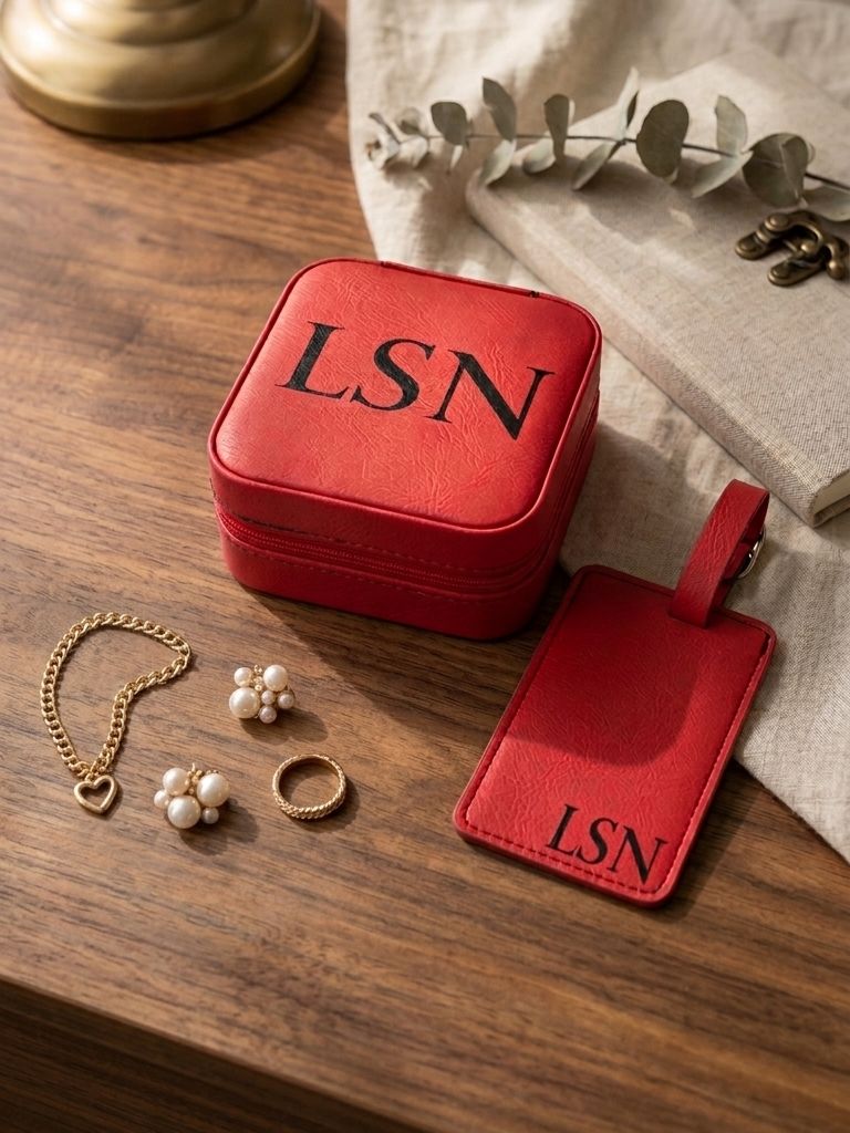 ​Noir Designed custom laser engraved red vegan leather travel jewelry organizer and matching luggage tag with bold monogram