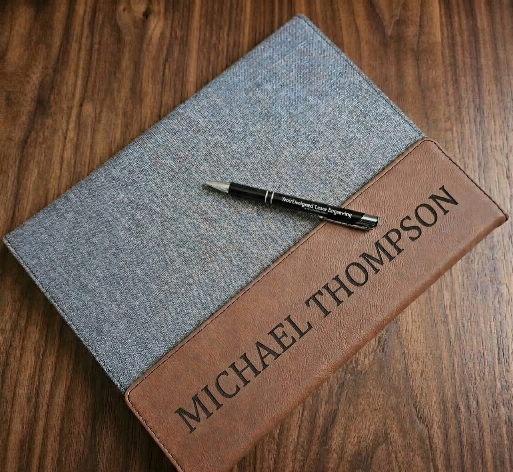 Notebook with gray cover and brown personalized cover on a wooden surface