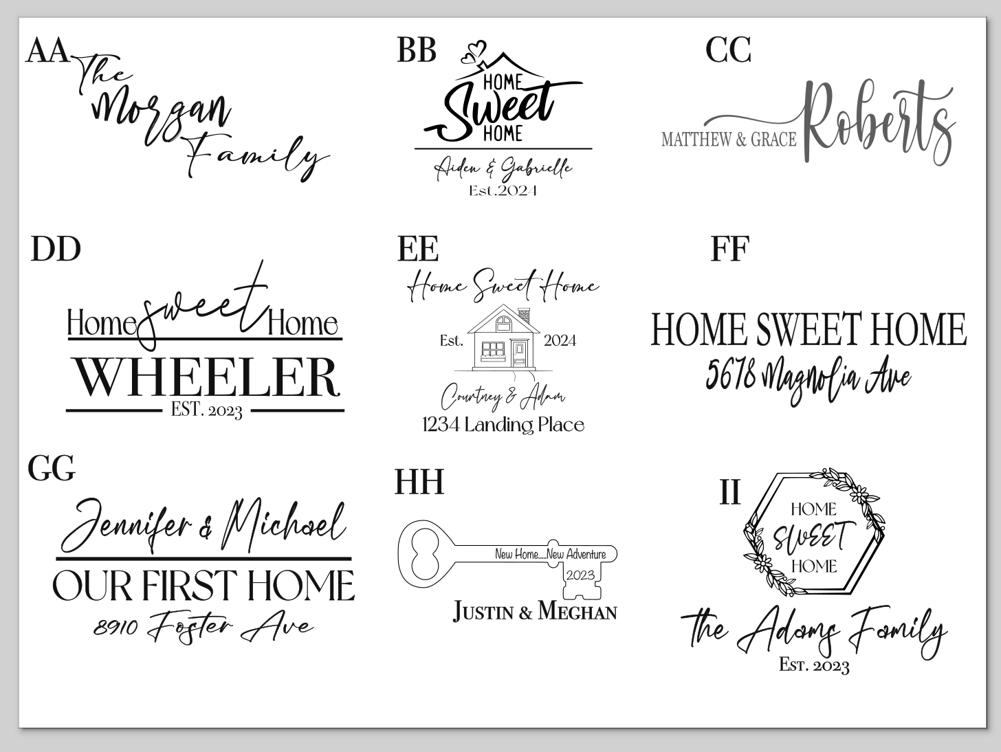 Collection of personalized home sweet home signs with various designs and text.