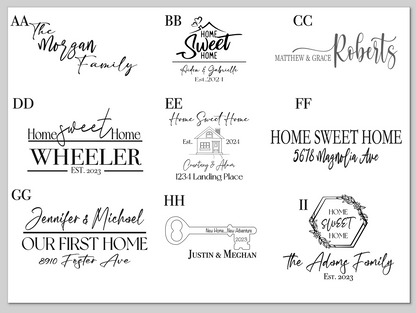 Collection of personalized home sweet home signs with various designs and text.